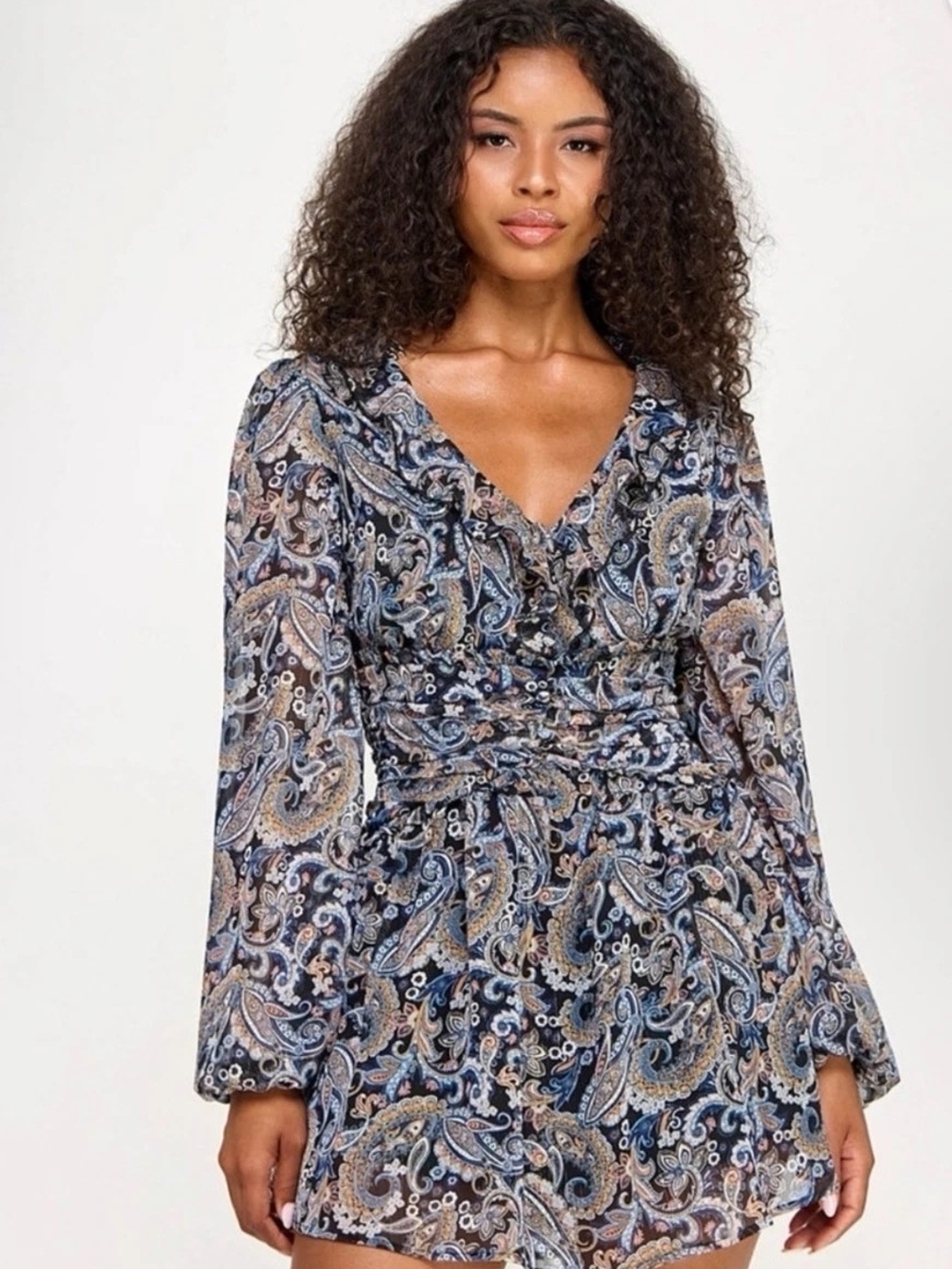 City Studio Navy and Beige Paisley V-Neck Long Sleeve Mini Dress